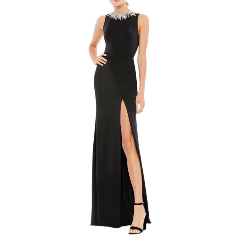 Mac Duggal $398 Rhinestone Neck Black Slit Evening Formal Gown Maxi Long Dress